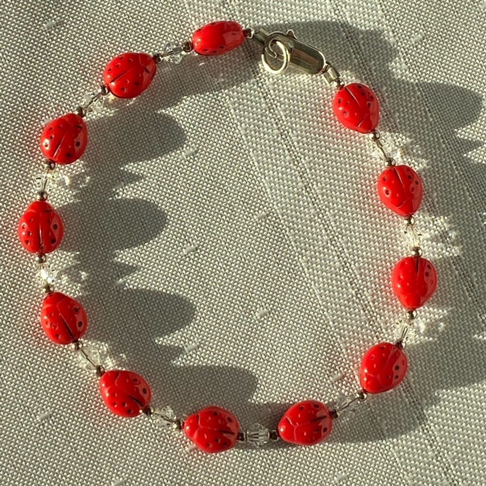 Sterling Silver Crystal Bead Ladybug Bracelet